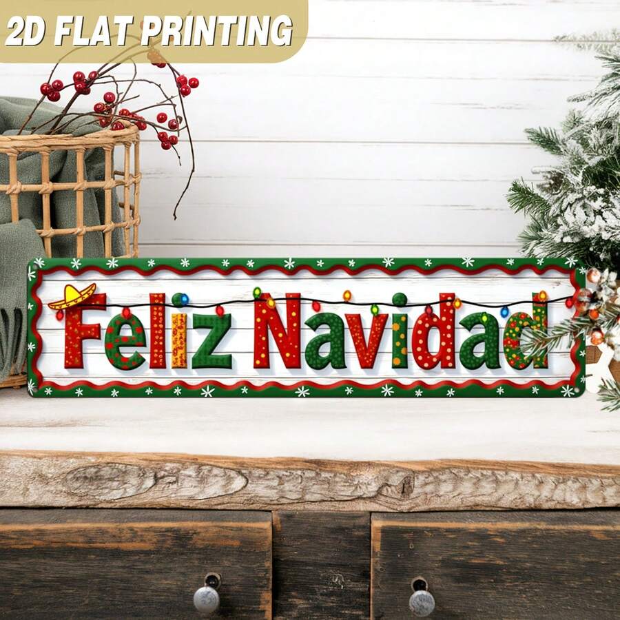 2D Flat 1 Piece Classic Metal Sign, Christmas Theme, For Wall Hanging Decoration, Suitable For Home, Farmhouse, Living Room, Kitchen Christmas Decor, And As Decorative Sign, Size 3.9X15.7 Inches - A - View 1