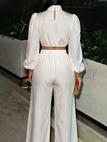 Women's Elegant Solid Color Long Sleeve Top And Wide Leg Pants 2 Pieces Set, Fashion Minimalist - White - View 2
