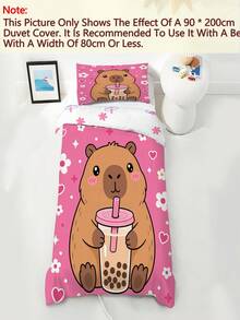 2/3PCS Capybara Bubble Tea Duvet Cover Set, Cute Cartoon Animal Bedding, Pink Heart Floral Print Bed Set For Girls - Multicolor - View 8