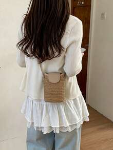 Woven Small Vertical Bucket Bag For Women, Fashionable Versatile Crossbody Phone Bag - Khaki - View 5