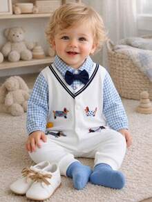 Baju Terusan Bayi Laki-Laki Motif Kotak-kotak dengan Bordir Anak Anjing dan Pita, Lengan Panjang - Putih - View 5