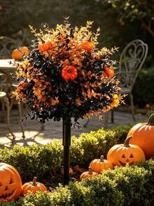 Halloween Pumpkin Eucalyptus Yard Stake Decor, Autumn Artificial Greenery Pumpkin Ground Stake Ornament, Spooky Outdoor Porch Lawn Garden Decoration, Halloween Trick Or Treat Party Harvest Home Front Yard Decor Gift - A - View 10