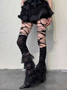 Celana Ketat Wanita Sobek dengan Potongan, Celana Ketat Transparan Hitam Bertekstur untuk Gaya Punk Y2K, Gothic & Streetwear - MultiWarna - View 7