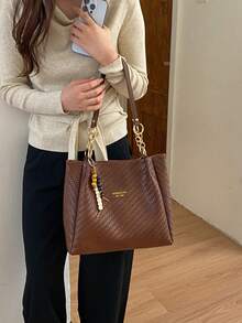 New Vintage-Style Chain-Detail Woven-Textured PU Shoulder Tote With Charms-Women's Large-Capacity Commuter Bag And Handbag - Brown - View 5