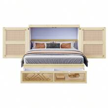 Lit escamotable 140 x 200 cm, lit escamotable avec sommier à lattes, lit pliant mural, lit escamotable vertical avec sommier à lattes, avec tiroirs de rangement, design en rotin, lits en bois, lits pour jeunes, lits simples, couleur bois - Bois naturel + Bois - Voir 5
