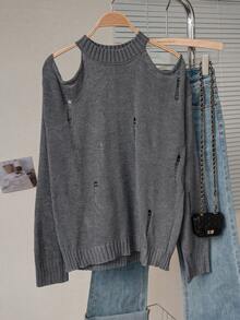 Sweater Rajut Wanita Korea Y2K Musim Gugur/Dingin Minimalis Seksi Satu Bahu Hollow Out Distressed Off Shoulder Manis Lucu Longgar Melangsingkan Pelindung Matahari Kardigan Wanita - Grey - View 8