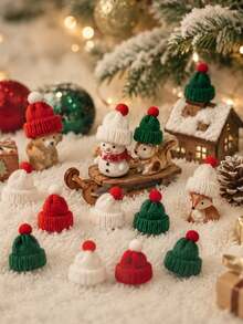 9/6/1pc-Red Green White Knitted Christmas Hats,Small Santa Hat DIY Xmas Decor,Christmas Decorations,Christmas Party Supplies,Room Decor,Home Decor,Christmas Gift Box Wrapping Topper,Xmas Tree Hanging,Holiday Table Centerpiece,Gnome Doll Accessories - Multicolor - View 3
