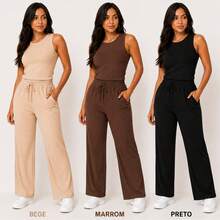 Set Of 3 Wide Leg Pants With Pockets + Women's Plus Size Tank Top - Beige + Brown + Black - View 9
