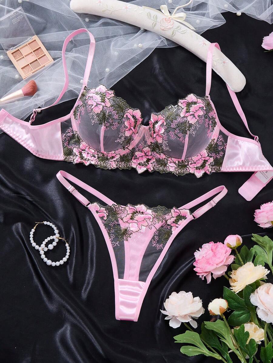 1套2件組女性萬聖節服裝,皇家藍透視蕾絲內衣套裝,適合浪漫約會與特殊場合 - 粉色 - 查看 1
