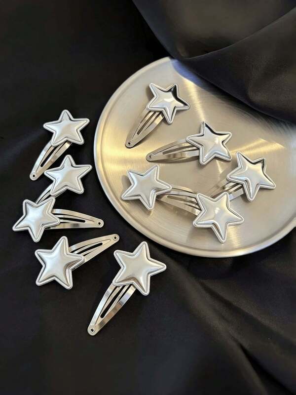 10PCS Silver Leather Five-Pointed Star BB Hair Clips, Five-Pointed Star Side Hair Clips, Silver Glossy Star BB Clips, Cool Mirror Star Hair Clips, Bangs And Loose Hair Fixing Clips, Side Hair Accessories