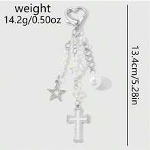 Y2K Star Cross Bag Charm, Silver Heart Beaded Chain Pendant With Pearl Decor, Cute Phone Strap Handbag Keychain Accessory - Multicolor - View 7