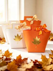 6pcs Fall Maple Leaf Paper Gift Boxes, Elegant Favor Boxes With Ribbon Handle, Mini Gift Packaging For Thanksgiving Table Favors, Wedding Guest Gifts, Party Souvenirs, Classroom Exchange, Boutique Packaging - 12.5X9.5X8cm - View 6