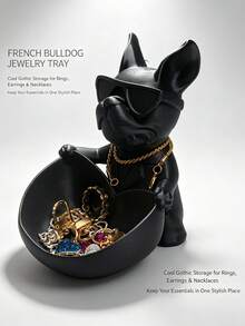 1pc Cool Fashion Glasses French Bulldog Jewelry Tray, Resin Dog Figurine Storage Bowl, Key Coin Trinket Organizer, Desktop Vanity Decor Container, Entrance Table Ornament, Stylish Home Decor & Halloween Decor Gift For Dog Lovers - Multicolor - View 2