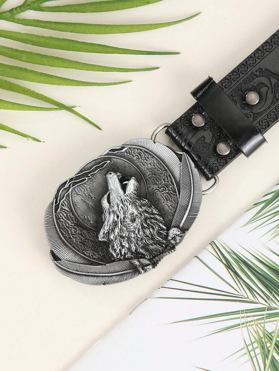 1pc Black Wolf King Belt, PU Material, Durable And Wear-Resistant, Suitable For Daily Wear - Black - View 1