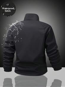 Jaket Pria Kerah Tegak dengan Resleting, Desain Saku Resleting dengan Dekorasi Garis, Pakaian Luar Lengan Panjang Minimalis dengan Manset - Hitam - View 2