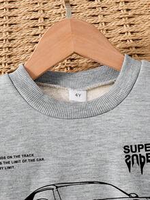 Toddler Car Print Warm Crew Neck Sweatshirt And Sweatpants Set - Grey - View 3
