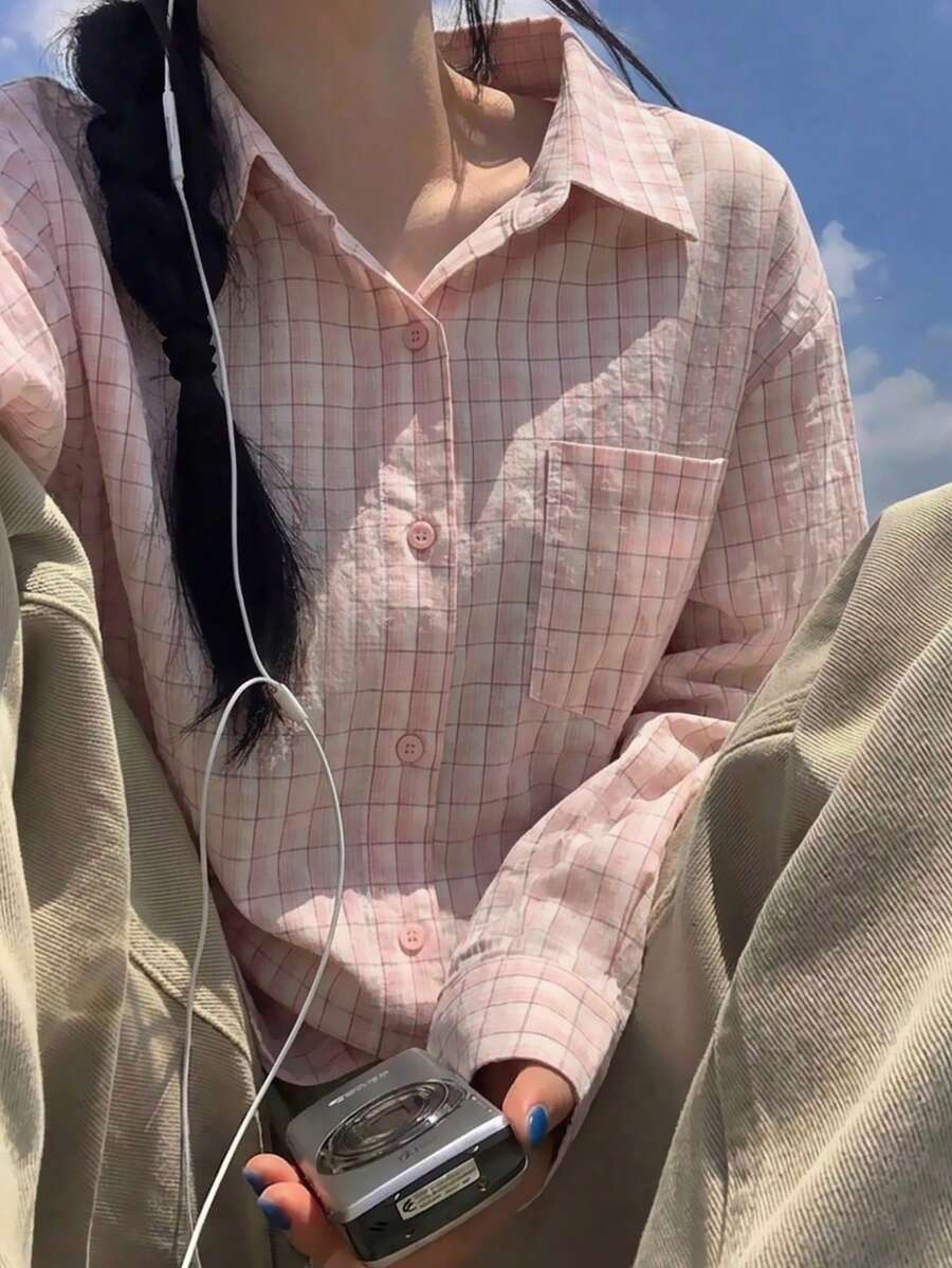 YCYC 韓系復古小眾 Ins 風皺褶格紋長袖 Polo 衫女款慵懶外套 - 櫻花粉 - 查看 1