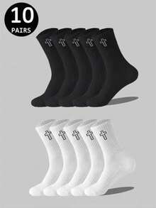 5/10 Pasang Kaos Kaki Cross Kasual Modis Serbaguna Olahraga Setengah Betis - Hitam dan Putih - View 7