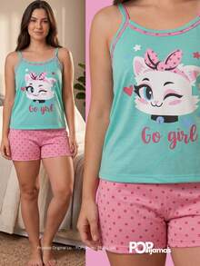 Pijama Feminino Verão Confortável LUXO Bichinhos Fofos Conjunto Baby Doll Blogueira Festa De Dormir - Azul menta - Visão 7