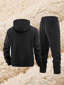 Men's Fleece Lined 2 Pieces Tracksuit, Hooded Zip-Up Jacket And Jogger Pants Set, Winter Fleece Jacket With Zipper Pockets, Suitable For Daily Wear - Black - View 2