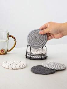 8pcs Beverage Coaster Set With Holder, Minimalist Woven Desktop Coasters, Heat-Resistant Kitchen Dining Table Coasters, Thickened Insulated Pads, 4-Color Absorbent Coaster Set, Home Decor Desktop Protection, Suitable For Various Cups, 4.3 Inch - Black and Gray - View 8