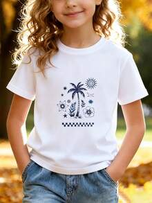 Boys Girls Short Sleeve T-Shirt With Palm Tree Sun Flower And Checkered Print, Breathable Cotton, Casual Loose Fit, Spring Summer Daily Wear - White - View 4