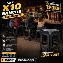 Pack de 10 Bancos Plásticos Resistentes Uso Rudo | Soporta Hasta 120 kg por Banco | Bancos Apilables de Plástico Reforzado para Hogar, Cocina, Jardín, Patio, Negocio, Tienda, Eventos, Fiestas, Escuela, Oficina e Industria | Fabricados en Polipropileno de Alta Calidad | Fábrica Directa - Negro - Ver 6