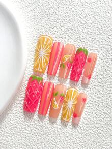 10 piezas de uñas postizas de estilo de frutas de verano hechas a mano, juego de uñas de gel de poliuretano, patrón de limón & fresa, esmalte de uñas amarillo & rosa, estilo de chica dulce, incluye herramientas para uñas, 3 tamaños disponibles, forma de almendra, pato, ataúd, adecuado para fiesta, baile, uso diario - Multicolor - Ver 4