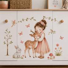 Cute Girl Deer Pattern Nursery Wall Decal, Forest Animal Wall Sticker, Little Girl Hugging Deer Wall Decor, Rabbit Butterfly Floral Tree Wall Art, Children's Bedroom Decoration, Removable Adhesive Sticker - Girl and Fawn - View 4
