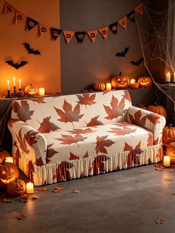 1PC Milk Silk Fabric Anti-Slip Elastic Decorative Sofa Skirt Cover, Printed Feather Leaf Design, 92% Polyester 8% Spandex, Rich Leaf Colors, Pet-Friendly Anti-Dirt Anti-Dust, 4 Sizes 1/2/3/4 Seater Available, Perfect Fit For Spring Summer Autumn Winter