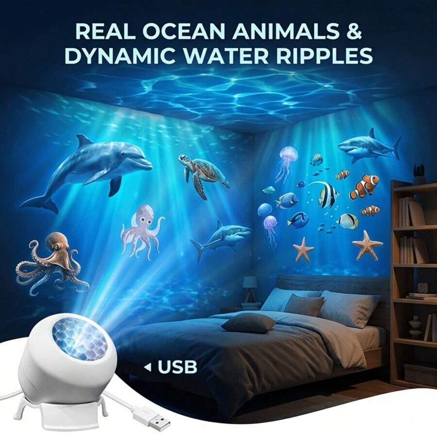 Dreamlike Projection Lamp With Ocean Animals And Snowflake Patterns, Suitable As Bedroom, Living Room Or Dorm Night Light. Creates Starry Sky Atmosphere On Ceiling And Walls, USB Powered.