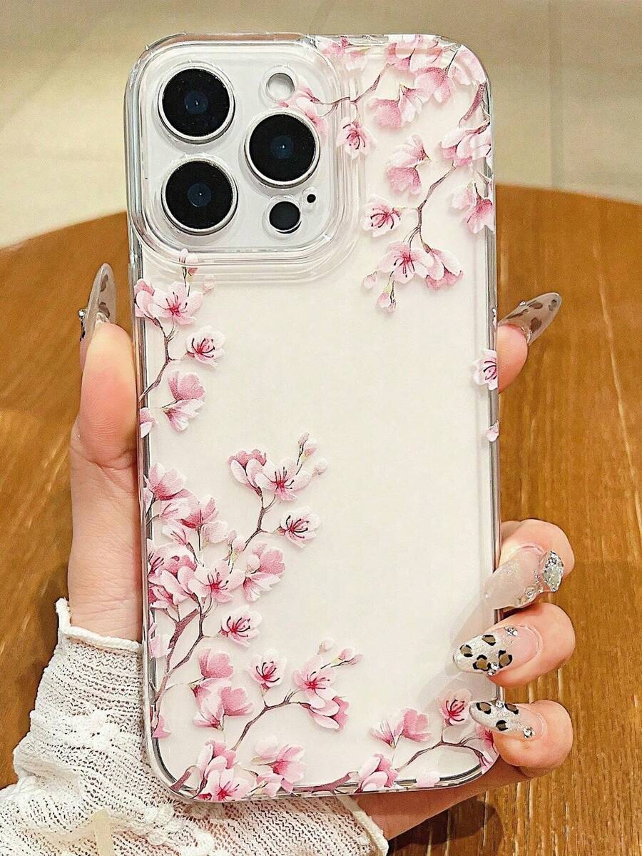 Flower Phone CaseSummer Flower 1pc Pink Floral Brand Pattern Transparent Anti-Drop TPU Phone Case, Compatible With Apple & - 無色 - 查看 1
