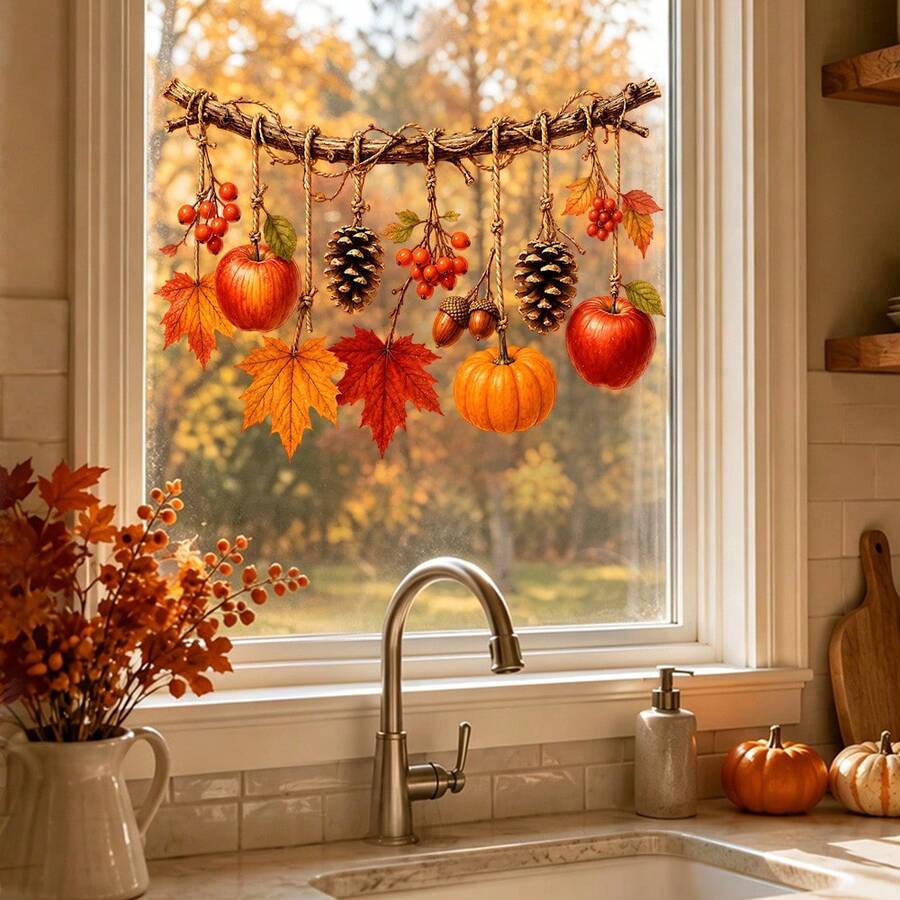 1/3/5pcs Fall Hanging Branch Window Clings Static Pumpkin Maple Leaf Window Stickers Removable Autumn Thanksgiving Decorations For Kitchen Home Glass Window Decor