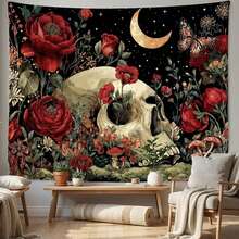 1PC Bohemian-Style Tapestry Featuring A Vintage Gothic Design-Skull, Blooming Red Roses, Moon, And Starry Night-Perfect For Dark Academia And Witchcraft-Themed Room Decor. - Multicolor - View 15