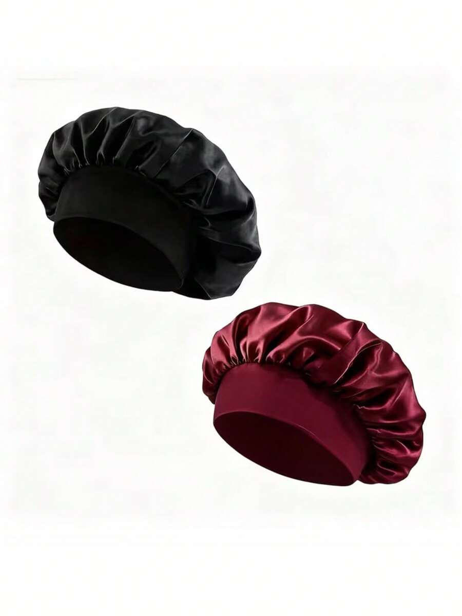 2pcs Soft Satin Solid Color Sleep Cap, Fashionable Oversized Satin Hair Bonnet, Unisex Hair Protection Sleep Cap, Nighttime Hair Care Accessory - Multicolor - View 1