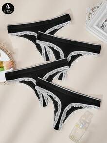 4PCS Women's Low-Rise Ribbed Thong, Cotton Underwear, White Lace Trim With Bow Decoration, Soft And Stretchy Everyday Underwear - Black - View 1