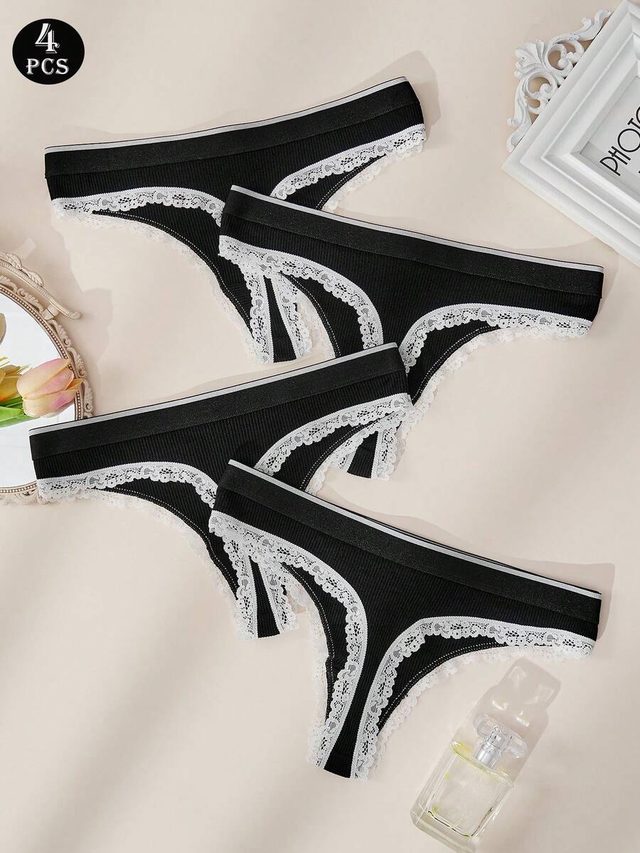 4PCS Women's Low-Rise Ribbed Thong, Cotton Underwear, White Lace Trim With Bow Decoration, Soft And Stretchy Everyday Underwear - Black - View 1