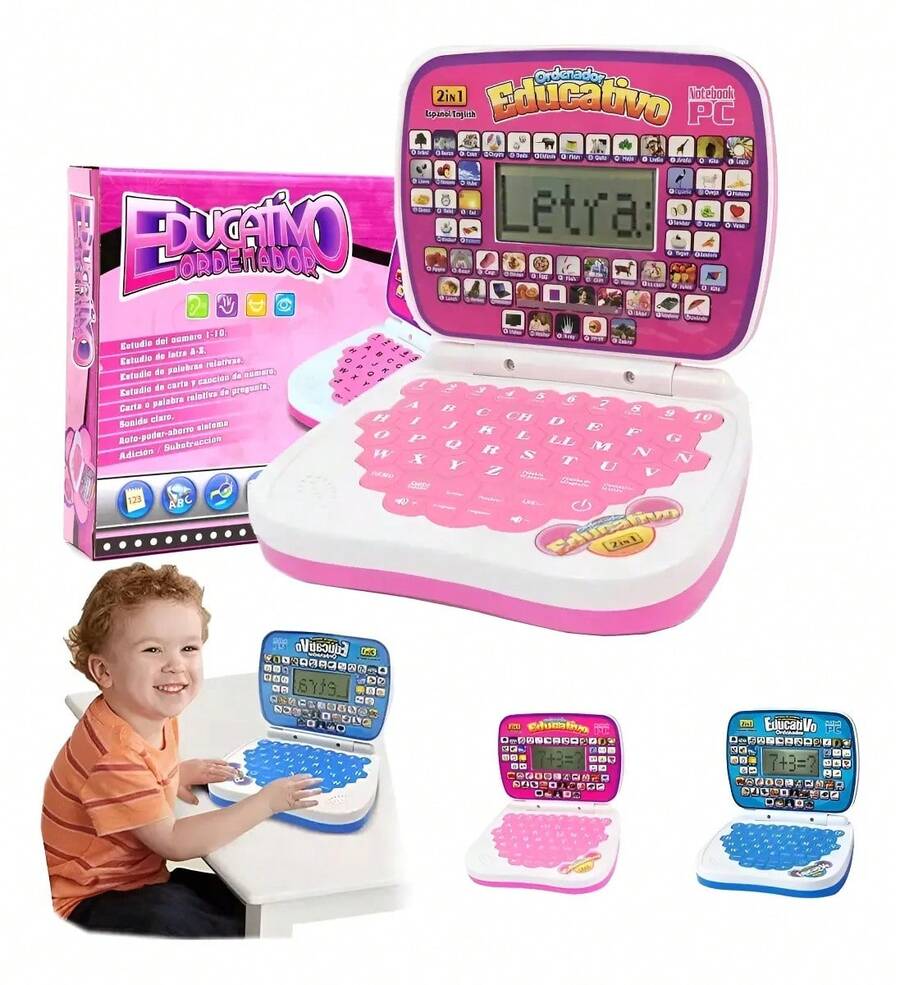 Mini Laptop Educativo De Español/inglés De Juguete Para Niño - Rosa Roja - Ver 1