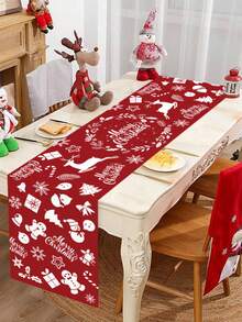1pc Red Christmas Polyester Table Runner,White Snowman Reindeer Print Tablecloth,Rectangle Table Cloth For Winter Family Gathering Dinner Party Decor - Multicolor - View 2