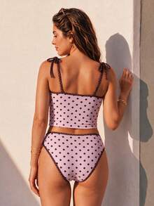 HOTTIE HABIT Damen süßes rosa & braunes Polka Dot Bikini Set mit Bindebändern, mittlere Taille hoch geschnitten zweiteiliger Badeanzug, süße Sommer Strandurlaub figurbetonte Badebekleidung - Verschiedenfarbig - Übersicht 5
