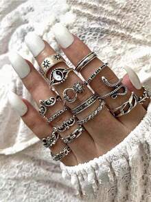 16Pcs Vintage Bagua Sun Moon Snake Leaves Flowers Joint 16Pcs Set Rings - Antique Silver - View 1