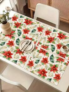 1pc Christmas Series Pattern Printed Table Runner, 4pcs Christmas Pattern Printed Placemats, Suitable For Holiday, Party, Birthday, Dinner, Kitchen Dining Table Decoration, All Season Room Decor, Home Textile Decoration Table Runner - Multicolor - View 9