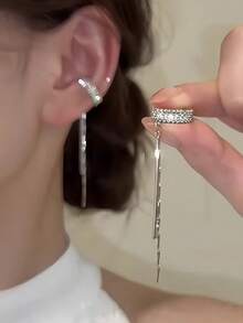 1pc Creative Elegant Long Tassel Chain Ear Clip, Suitable For Women's Daily And Party Wear - Silver - View 2