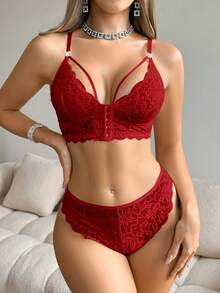 1套性感蕾絲拼接女款內衣與三角內褲內衣套裝 - 酒紅色 - 查看 4