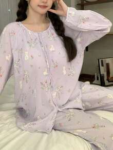 2pcs/Set Women's Pajamas Spring Autumn Long Sleeve Long Pants Sleepwear Skin-Friendly Home Wear Cute Cat Print Button-Up Set - Lilac Purple - View 3