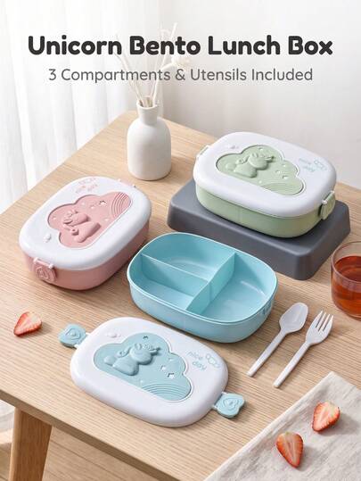 3-Compartment Unicorn Bento Lunch Box, Leak-Proof Student Lunch Box With Spoon And Fork, Portable Girls Meal Box, Children School Picnic Daily Food Storage Box