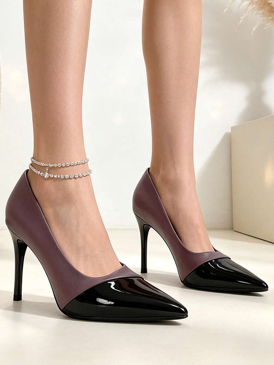 Sepatu hak tinggi runcing berpotongan rendah dua warna untuk wanita, tinggi hak 3,54 inci, cocok untuk rok midi vintage, dan untuk bepergian sehari-hari. - Coklat - View 1