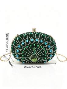 Luxury Peacock Rhinestone Evening Clutch, Oval Hard Frame Bag, Rhinestone Ball Lock Handle, Women's Fashion Handbag, Suitable For Weddings And Evening Events - Green - View 9