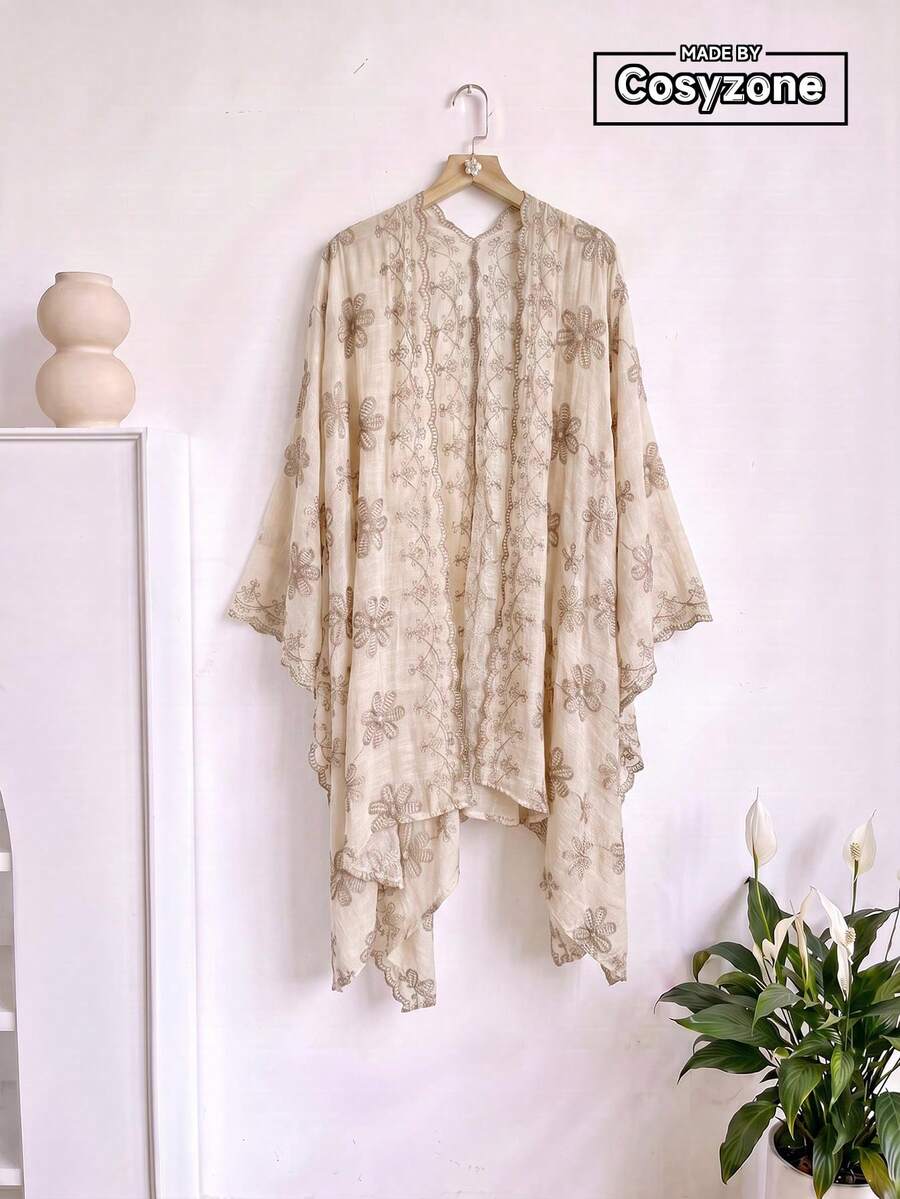 1件式優雅花卉刺繡開襟和服式圍巾/沙龍披肩女款,春夏波希米亞風外套,海灘度假防曬罩衫,裝飾性刺繡開襟衫,適合日常穿著,禮品首選 - 米色 - 查看 1