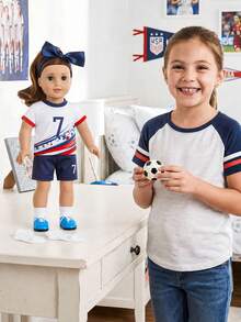 5pcs 16-18in Children Doll Clothes, Soccer Theme Doll Outfit Set, Star Stripe Print Short Sleeve Jersey + Navy Blue Shorts, Matching White Socks, Navy Blue Bow Tie, Mini Soccer Toy, Breathable Sports Style Doll Clothes, Children Role Play Dress Up Gift, Gift For Kids, Doll Not Included - Multicolor - View 5
